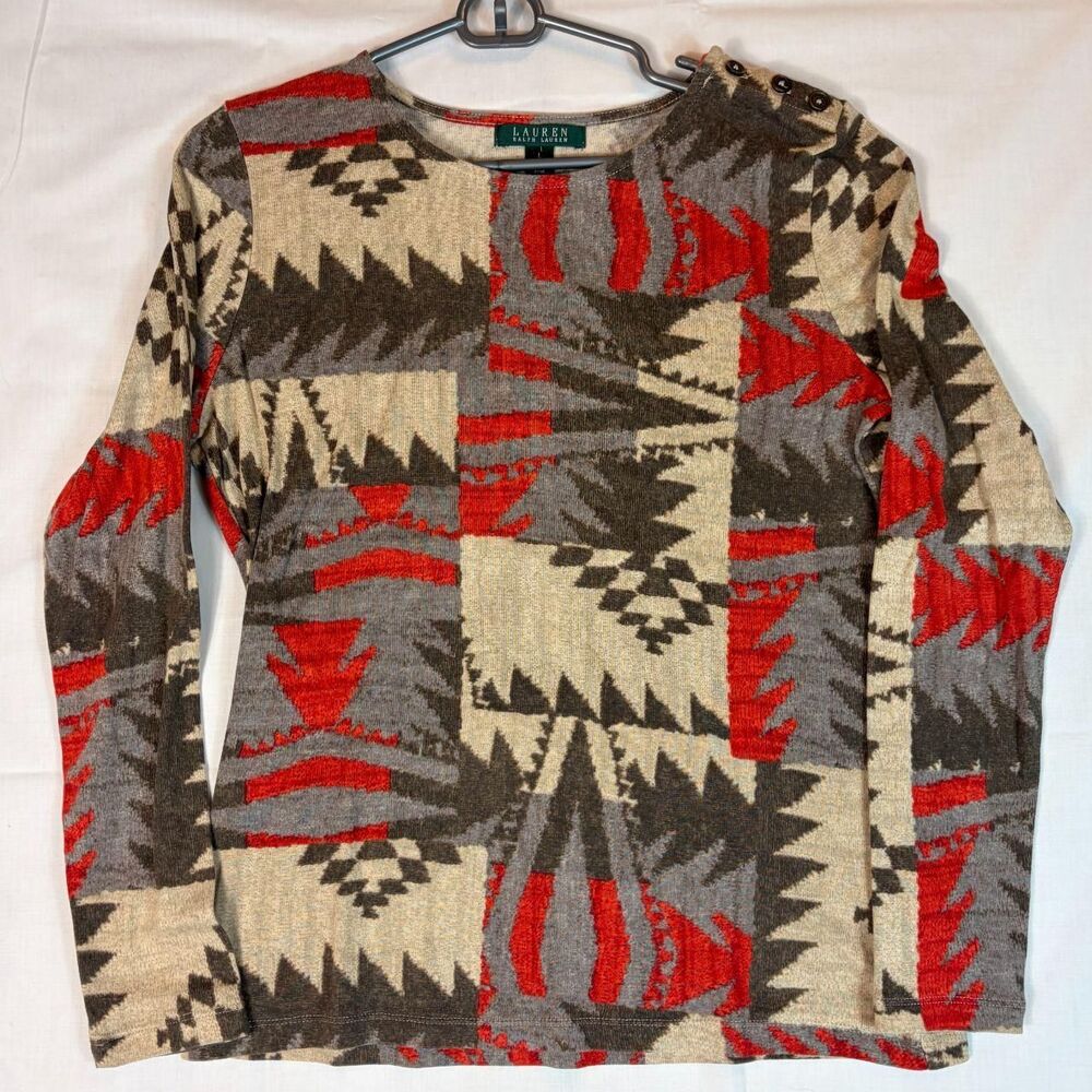 Lauren-Ralph Lauren Aztec Tribal Print Long Sleeve Women's Size Large Sweater